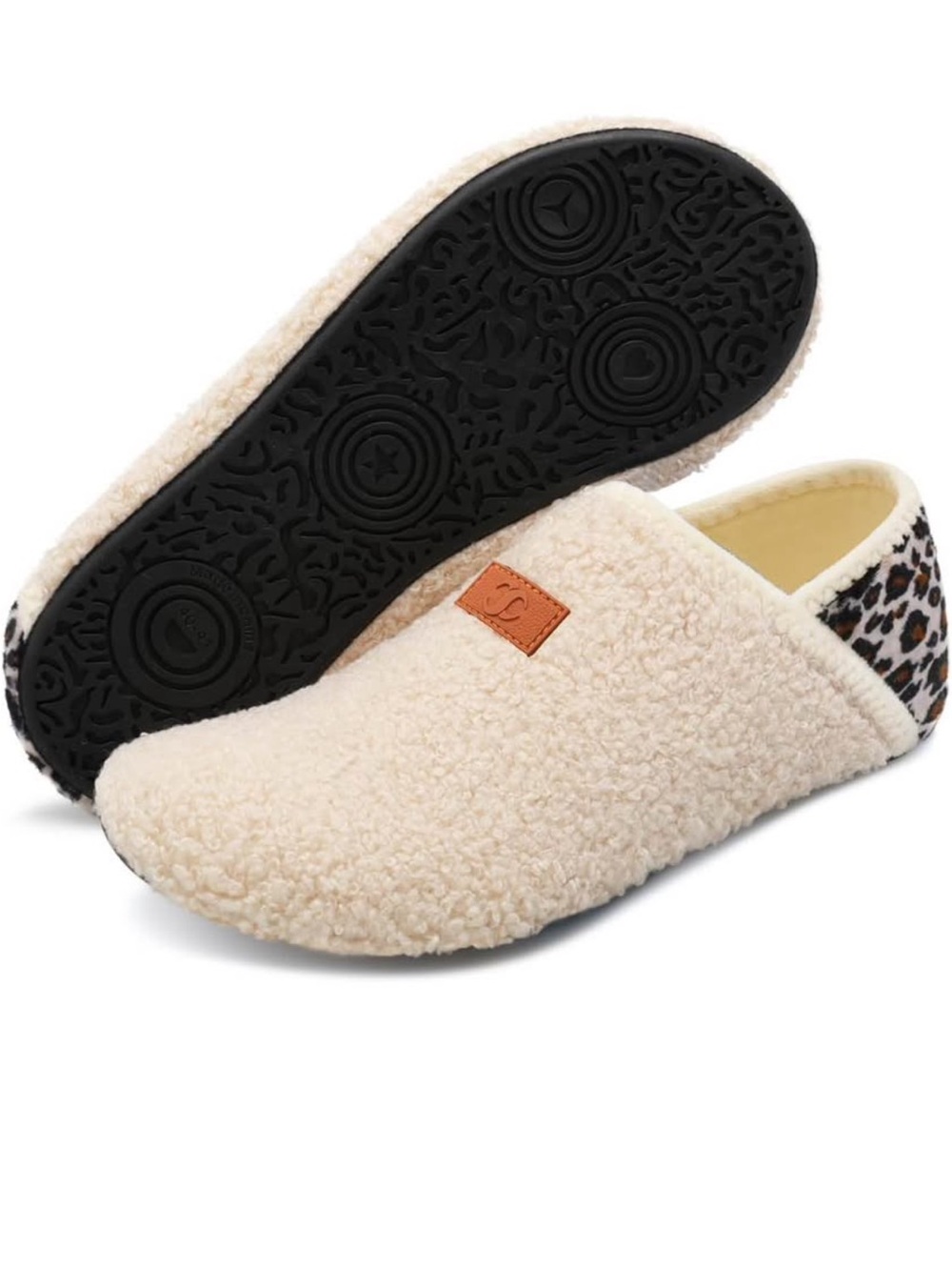 Cozy Sherpa Slip-On Slippers for kids - Cream with Leopard Trim (10-10,5)